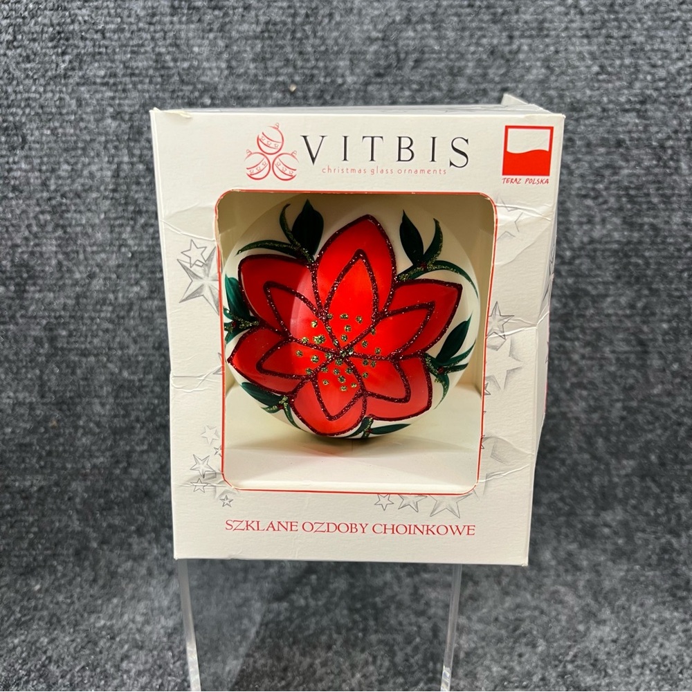 Vitbis Polish Handpainted Glass Poinsettia Christmas Ornament
